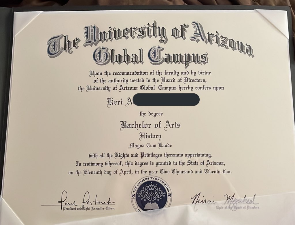 RafalutionXXII's tweet photo. When I first went back to school COVID was just beginning & I went online. I took accelerated classes to complete the last of my history degree. Now I go to #ASU - but first I did online program. I got my diploma today. Magna cum what?? 👀 #FirstBA. https://t.co/EpkHL6mM4p