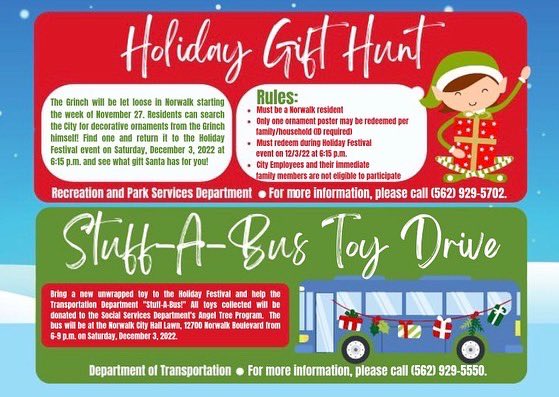 Ring in the holiday season at the City of Norwalk’s Annual Tree Lighting Ceremony. There will be live musical performances by local dance groups &amp; bands, arts and crafts area, game booths, snow slides, and a special visitor from the North Pole! We hope to see you there!