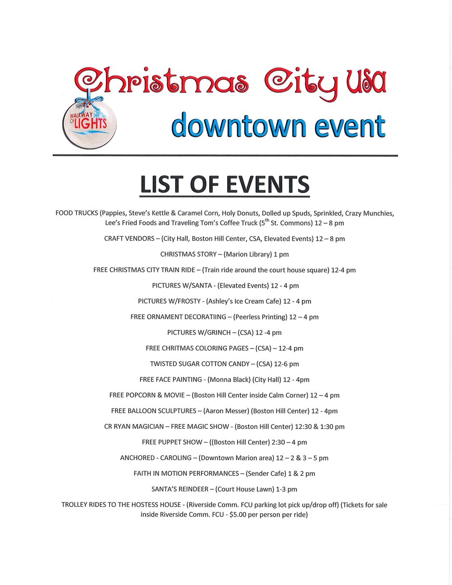 CityofMarionIN's tweet image. Here's the entire list of events for Saturday's "Miracle on 3rd &amp;amp; 4th Street" downtown, Marion, IN! Come out and see the lights, vendors, music, parade, and much more fun for all! (More on Facebook Page: facebook.com/WalkwayOfLights)