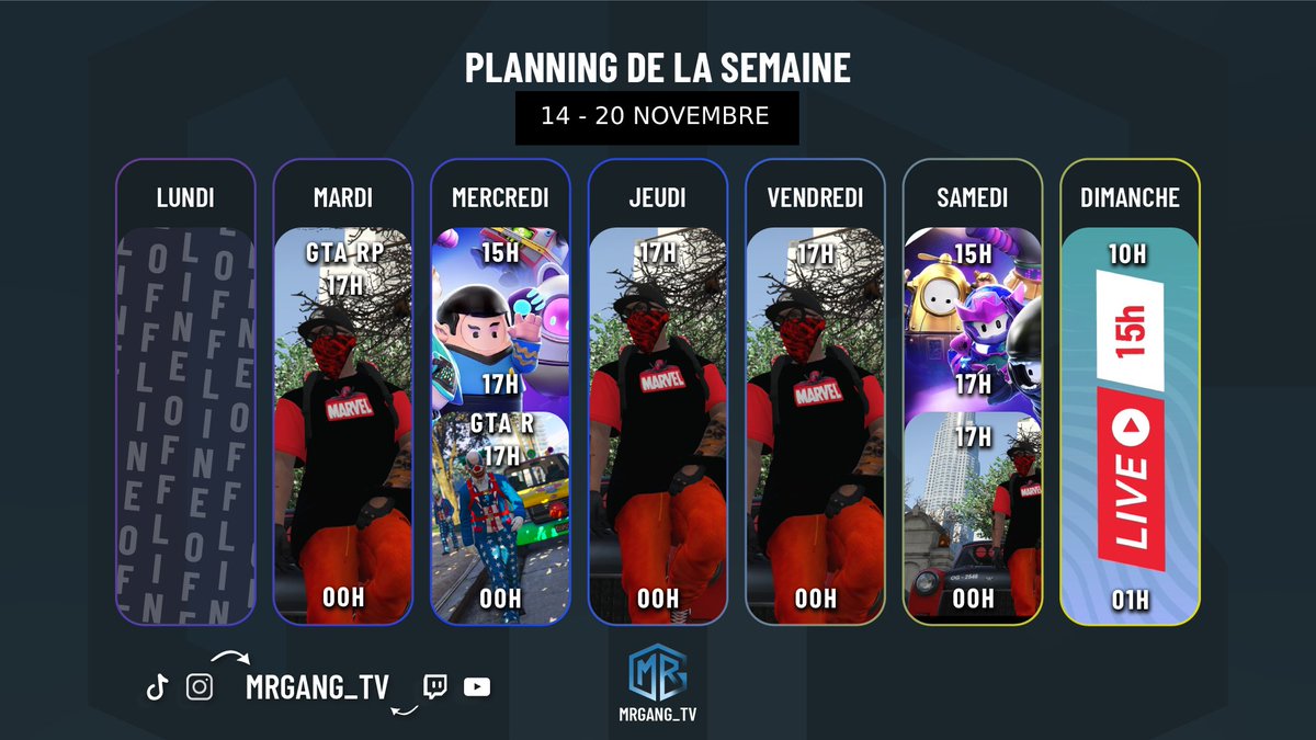 Nouveau Planning de la semaine
 #MRGANG_TV #gaming #twitchstreamer #LiveStream