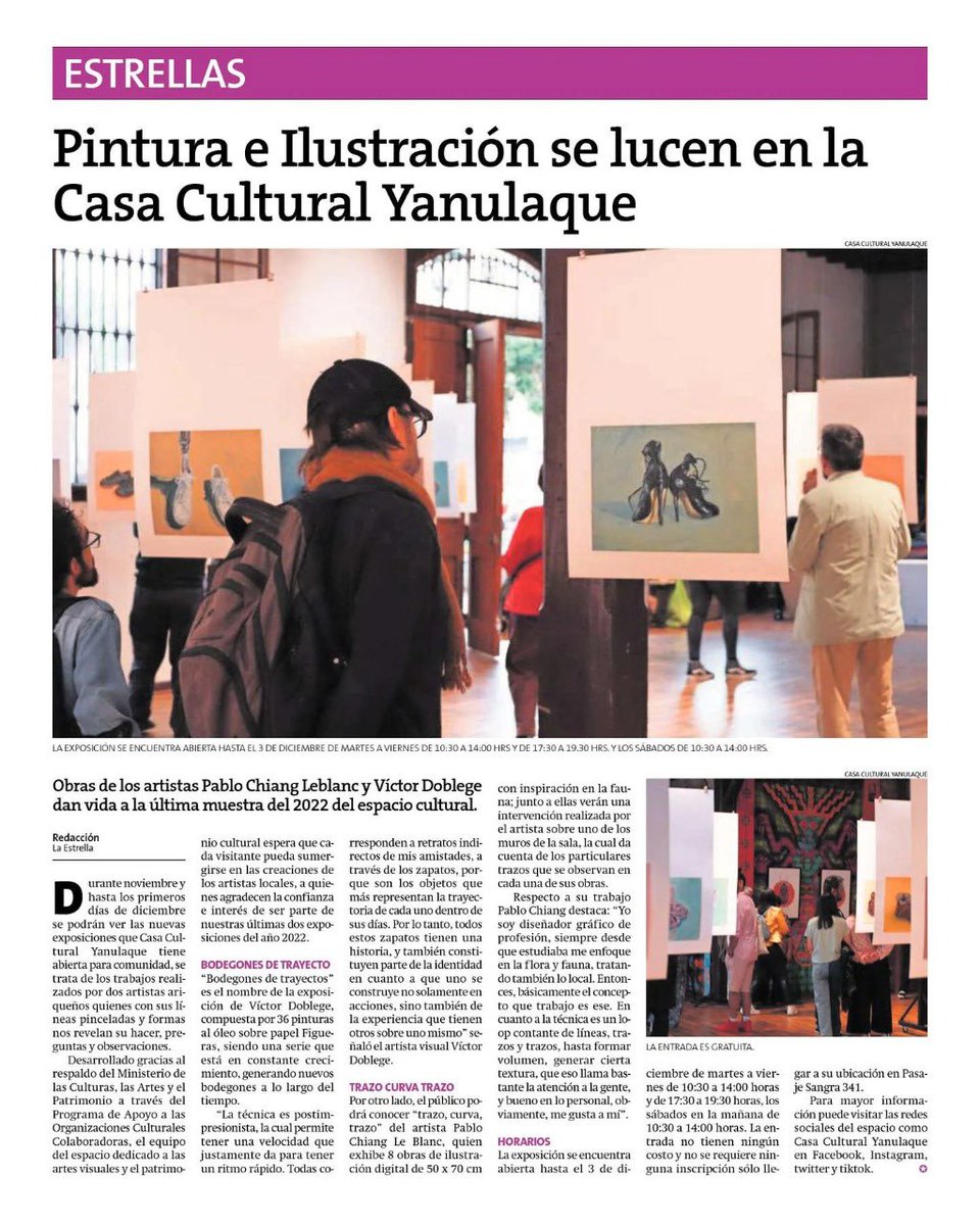 Agradecemos esta nota publicada en La Estrella destacando las últimas de este 2022
🔸 BODEGONES DE TRAYECTO de Víctor Doblege 
🔸TRAZO CURVA TRAZO de Pablo Chiang 🤩

Martes a viernes 10:30 a 14:00 y de 17:30 a 19:30 sábados de 10:30 a 14:00 #Arica 

<a href="/Cultura_Arica/">SEREMI_Culturas_Arica</a> <a href="/culturas_cl/">Ministerio de las Culturas</a>