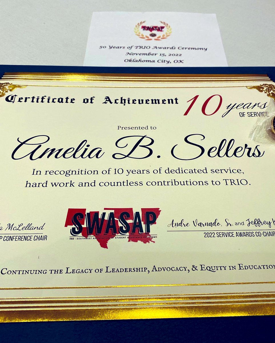 sunoetsp's tweet photo. Congratulations to our program director, Amelia B. Sellers, she was recognized for 10 years of dedicated service at our Regional Conference, SWASAP - Southwest Association of Student Assistance Program.
#TRIOLeader
#TRIOProfessional
#SWASAPTRIO
#LASAPTRIO
#TRIOWORKS https://t.co/icJp58IKts