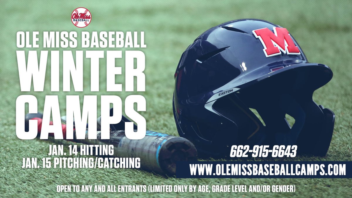 Registration is now open for #RebsBSB Winter Camps! 📆 Camp Dates: January 14 (Hitting) January 15 (Pitching and Catching) Grades: 1-12 For more information and to register: olemissbaseballcamps.com Questions: Contact Chris Cleary at cmcleary@olemiss.edu