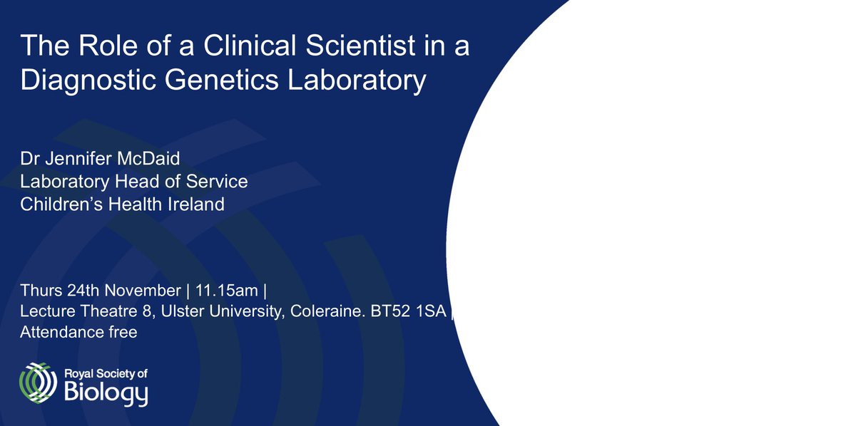 We are proud to welcome back our alumna, Dr Jennifer McDaid, Head of Laboratory Sevice Children’s Health Ireland, for <a href="/RoyalSocBio/">Royal Society of Biology</a> talk on her work as a Clincial Geneticist on Thurs 24th Nov, everyone welcome! 🧬 🧪