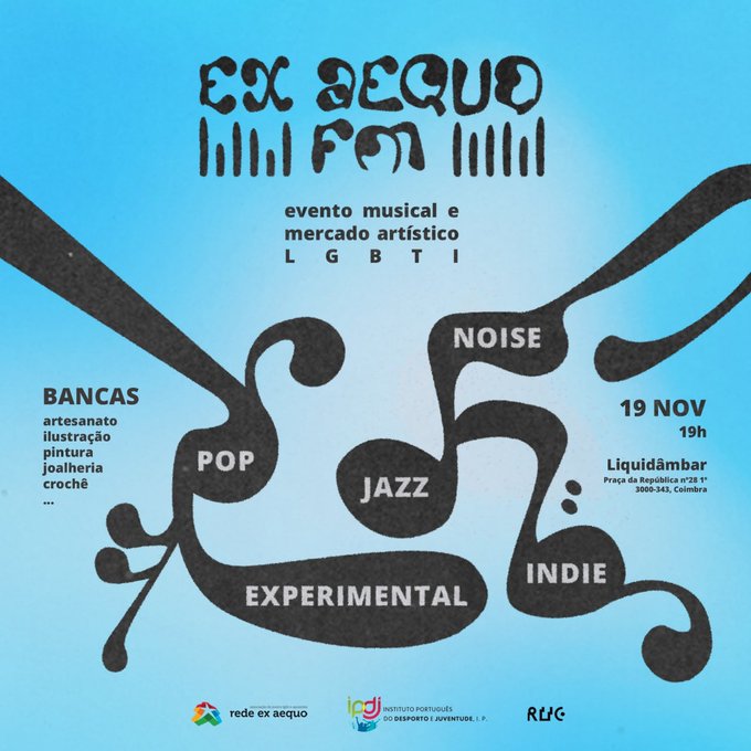 Imagem azul do evento ex aequo fm com notas musicais distorcidas e informacao sobre as bancas e géneros musicais