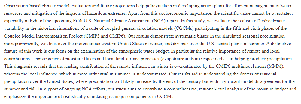 AMSPublications's tweet photo. "Representation of Atmospheric Water Budget and Uncertainty Quantification of Future Changes in CMIP6 for the Seven U.S. National Climate Assessment Regions", Journal of Climate 35, 22 (2022): 3635-3658, https://t.co/GKGCqgoH3W #JClimate

1/2 https://t.co/tI8rr0pZvZ