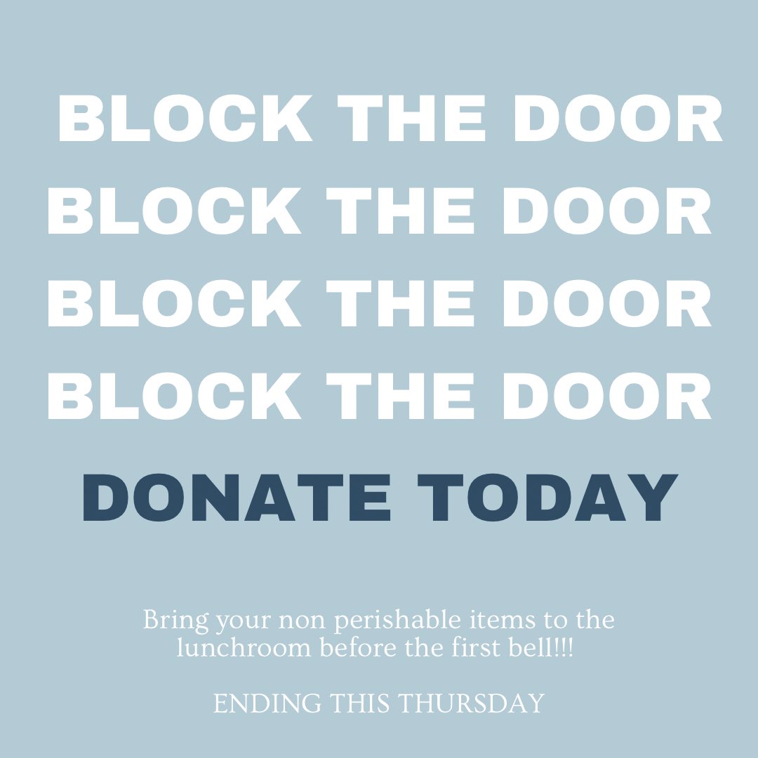 🧤🌽BLOCK THE DOOR🍎👔

❕Bring all of your non perishable items to the lunch room this week till THURSDAY❕

50 lbs to block a classroom door🥫

<a href="/AndaleAthletics/">Andale Athletics</a> <a href="/Andale_Indians/">Andale High School</a> <a href="/AHSSTUCO6/">AHS Stuco</a>
