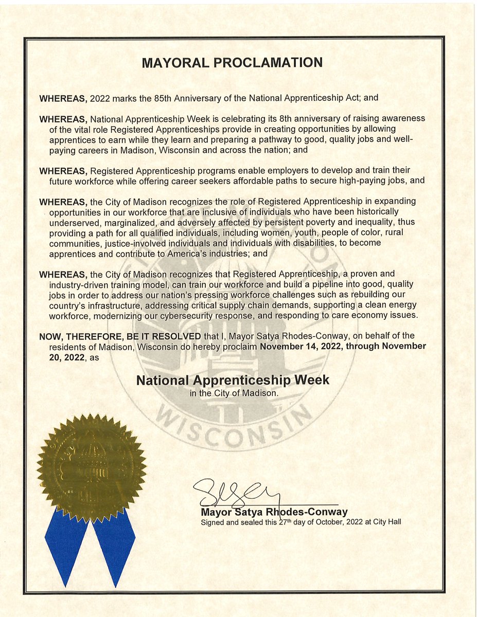worksmartwi's tweet photo. Mayor Rhodes-Conway proclaimed November 14 - 20, 2022 National Apprenticeship Week in Madison in recognition of the role apprenticeships play in our community!

#NAW2022 #apprenticeships #preapprenticeship #registeredapprenticeship #youthapprenticeship https://t.co/bHGErrRy39