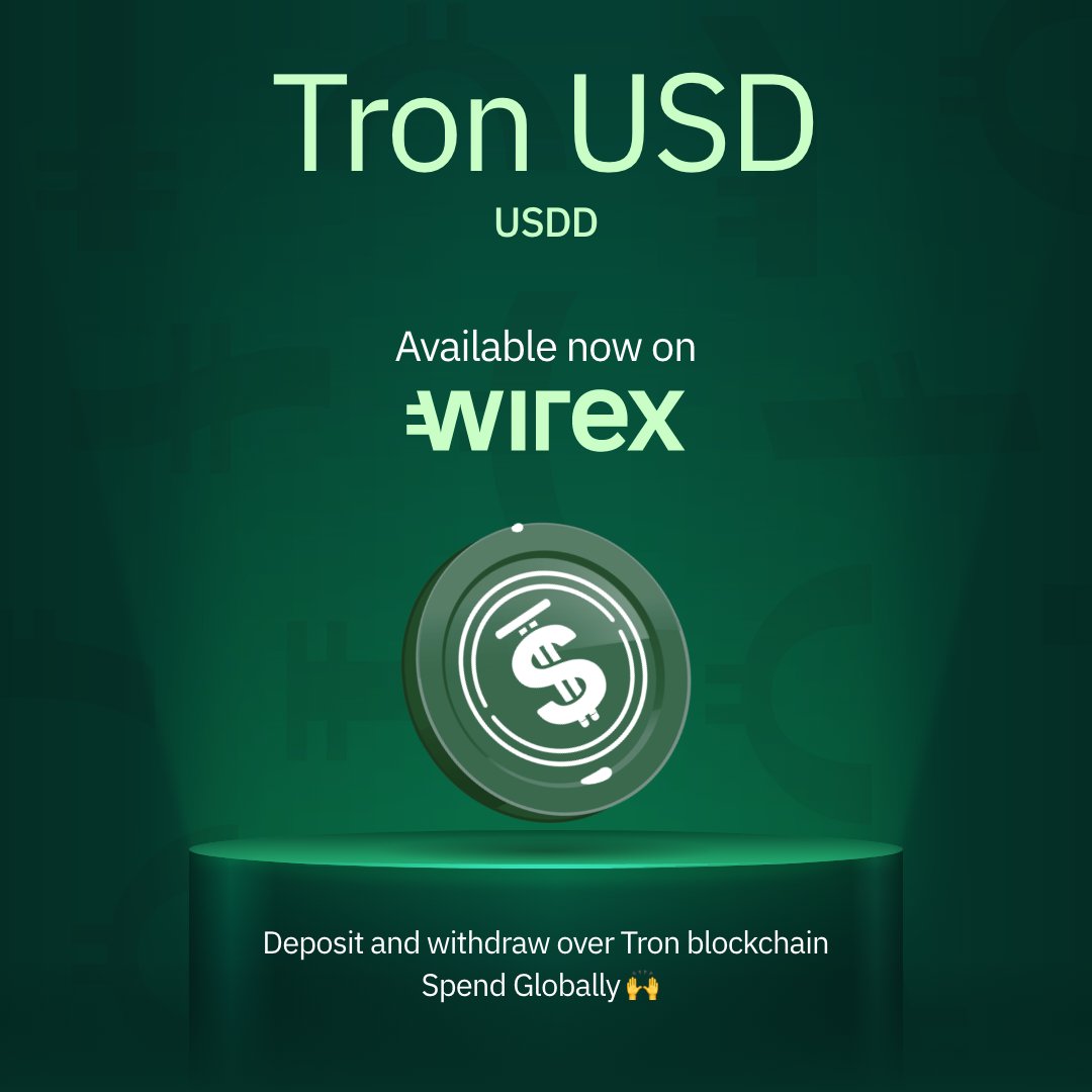 wirexapp's tweet photo. Introducing $USDD 👋
@usddio #USDD is now available to deposit, buy, or spend with Wirex. Welcome to the fam 🙌 https://t.co/s6OCcuwlQs