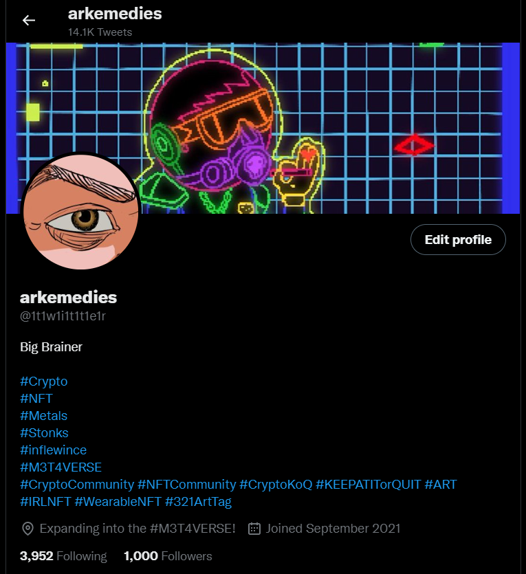 1t1w1i1t1t1e1r's tweet photo. 1000 FOLLOWERS!!! We're here! THANK YOU TO ALL MY FOLLWERS AND SUPPORTERS ON @TWITTER ππΌ
πππ« #Artist #Crypto #NFT #Metals #Stonks #inflewince #M3T4VERSE #CryptoCommunity #NFTCommunity #CryptoKoQ #KEEPATITorQUIT #ART https://t.co/fE4tgjO1xI