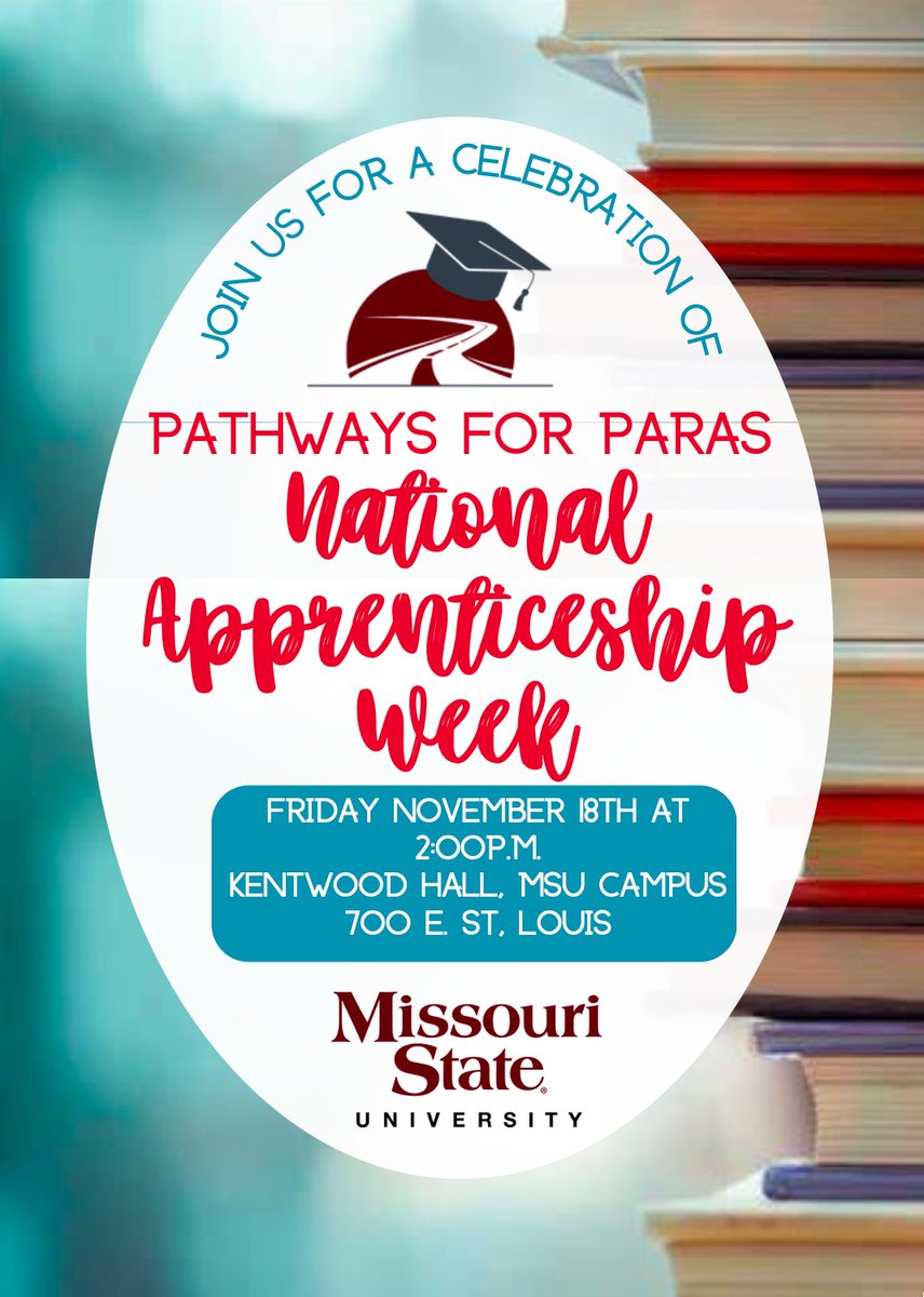 JonTurnerEdD's tweet photo. Interested in learning how registered apprenticeships can fill the need for teachers in @MOEducation? Join us Friday at @MissouriState to celebrate National Apprenticeship Week and discuss #EarnWhileYouLearn model to completing a teaching degree! @MoStateCOE #MoApprentices https://t.co/0NO50bk3gZ