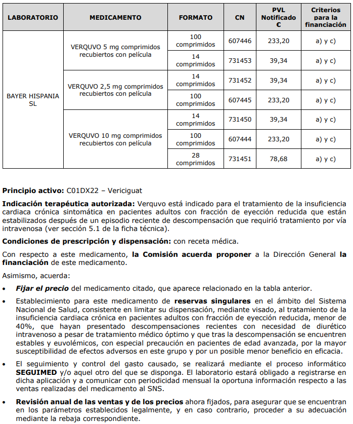 🆕📌 #Vericiguat disponible en España en Diciembre.

Indicado en adultos con ICFEr crónica sintomática, estabilizados tras descompensación reciente que requirió tratamiento por vía iv.

📁 sanidad.gob.es/profesionales/…
#ctkvericiguat