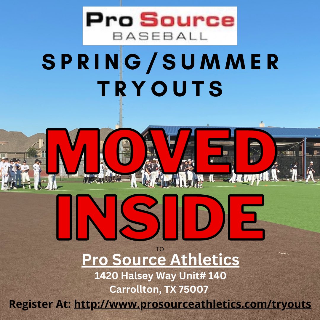 We have to move inside tonight due to wet field conditions. 

No worries! Come check out our #beautifulfacility 

Register at: prosourceathletics.com/tryouts

#tryout #highschoolbaseball #youthbaseball