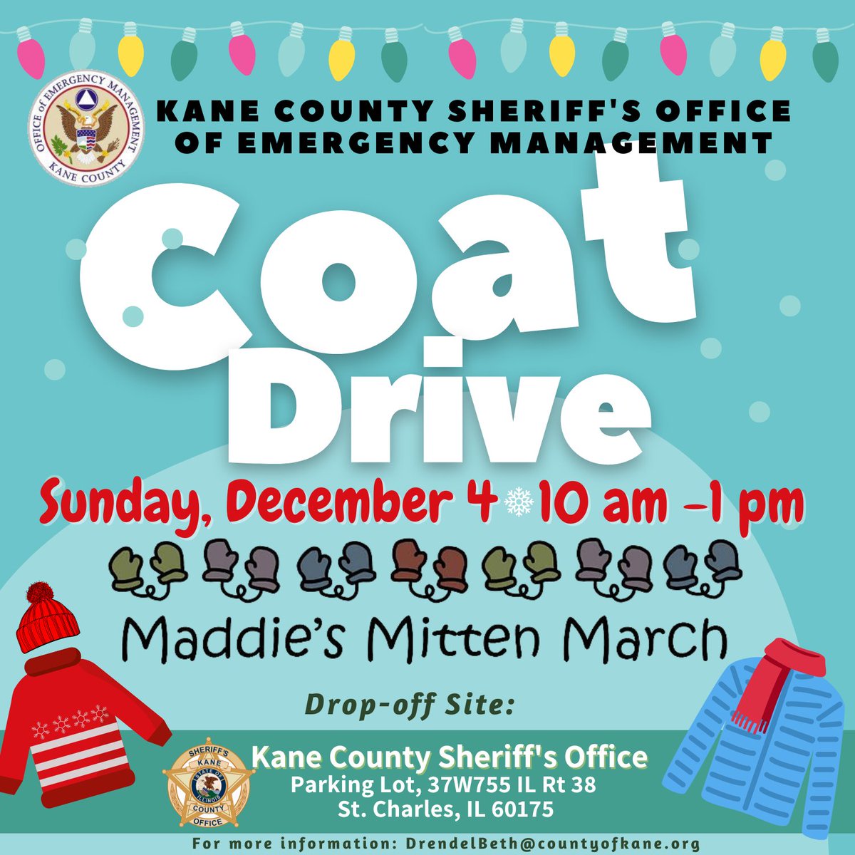Do you have any new or gently used coats, hats, scarves, boots, or snow pants? Bring them Sunday, December 4, to the KCSO parking lot! For more information on Maddie's mission: mittenmobile.com

#saferfromthestart #kanesheriff