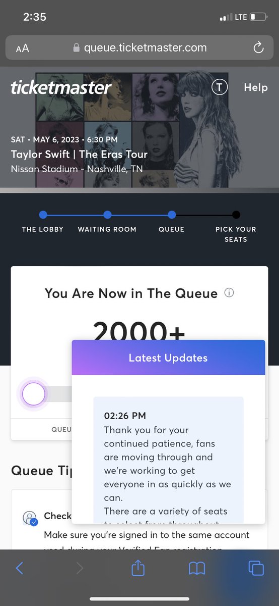 Tessa__mRB's tweet photo. AND what happened to my “boost” in line?!?   I was boosted off from purchasing a ticket and put back in the  line that isn’t moving! @taylornation @TMFanSupport @Ticketmaster #theerastour #theerastournashville #taylorswift #ticketmaster https://t.co/cBccELu9Ir