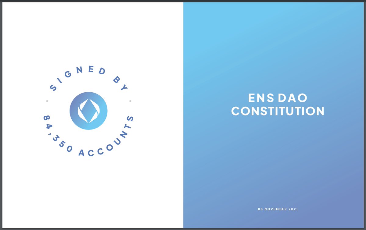 BrantlyMillegan's tweet photo. Happy ENS Constitution Day! 📜🎆

It's been one year since the ENS Constitution was ratified (time flies, frens)

84,350 signers

the first DAO constitution ever at this scale

here's why the ENS DAO has a Constitution and an explanation of the principles it stands for 👇

1/ https://t.co/bE2UlRnkub