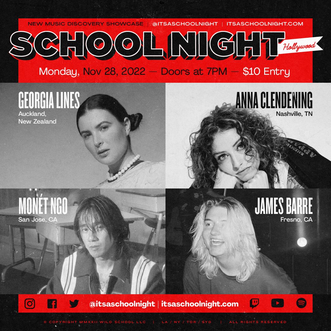 LA! We’re closing out November an absolute banger of a lineup. Don’t wait to grab tickets for this one!⚡️

Join us at <a href="/bardothollywood/">John Lyons</a> 11/28 for live sets by Georgia Lines , <a href="/annaclendening/">anna clendening</a>, <a href="/monetngo/">Monét Ngo</a>, @jamesbarremusic + DJ sets by <a href="/noshamusica/">Nosha</a> 

Tickets: bit.ly/3EdXv6a
