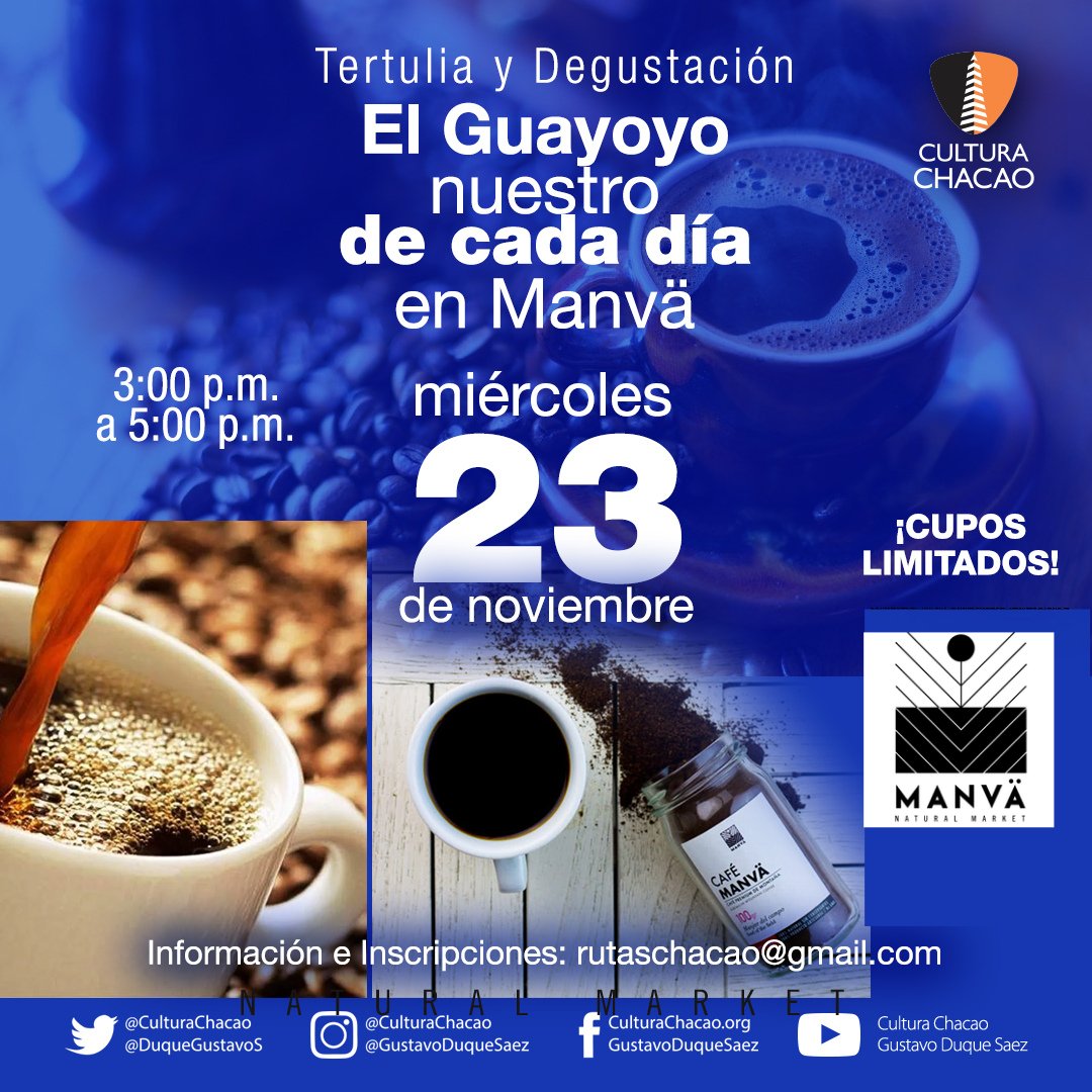 <a href="/culturachacao/">Cultura Chacao</a> junto a <a href="/manvanatural/">manvanaturalmarket</a> pone a su disposición la  siguiente actividad ⤵️

☕Tertulia y Degustación "El Guayoyo nuestro de cada día en Manvä"

📆 miércoles, #23nov de 2022
🕒 3:00 p.m. a 5:00 p.m. 
➡️ ➡️Información e Inscripciones:
 rutaschacao@gmail.com