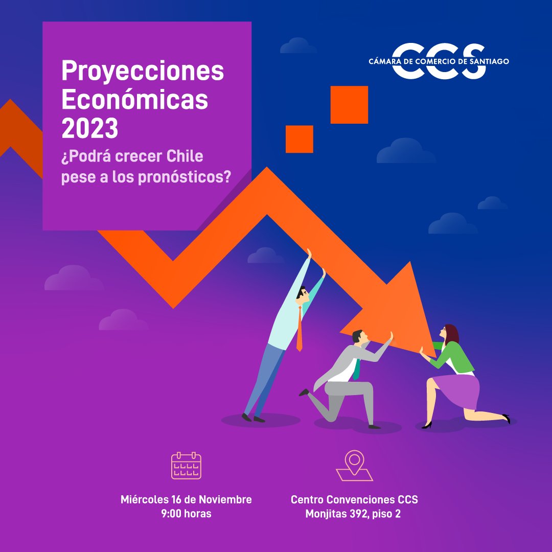 SociosCCS's tweet photo. #EventosCCS | ¡MAÑANA! No te pierdas nuestro seminario "Proyecciones Económicas: ¿Podrá crecer Chile pese a los pronósticos?" que será presentado por los gerentes de estudio de @AbifChile @SofofaChile @SNA_Chile @CChC_Chile @Sonami_Chile, la CCS y #ACHET https://t.co/8NUfgTHcam