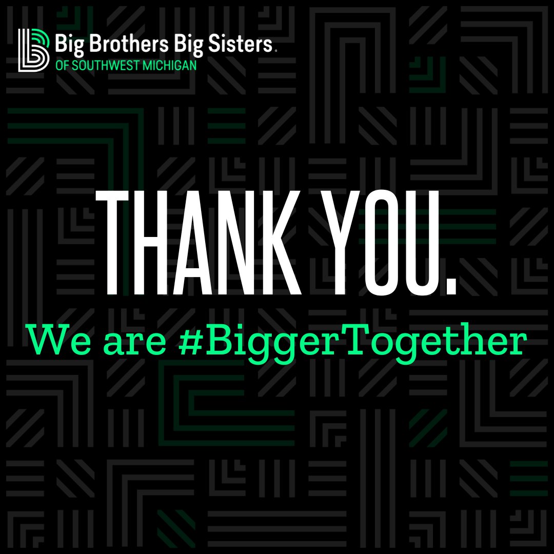 Thank you for proving that we are #BiggerTogether. Your support ensures local mentor/mentee connections flourish.

You'll find a letter of gratitude from Amy Kuchta, #BBBSMI CEO, on our blog: thinkbigtoday.org/thank-you/

#mentoring  #gratitude #thankyou #BBBS #BBBSA