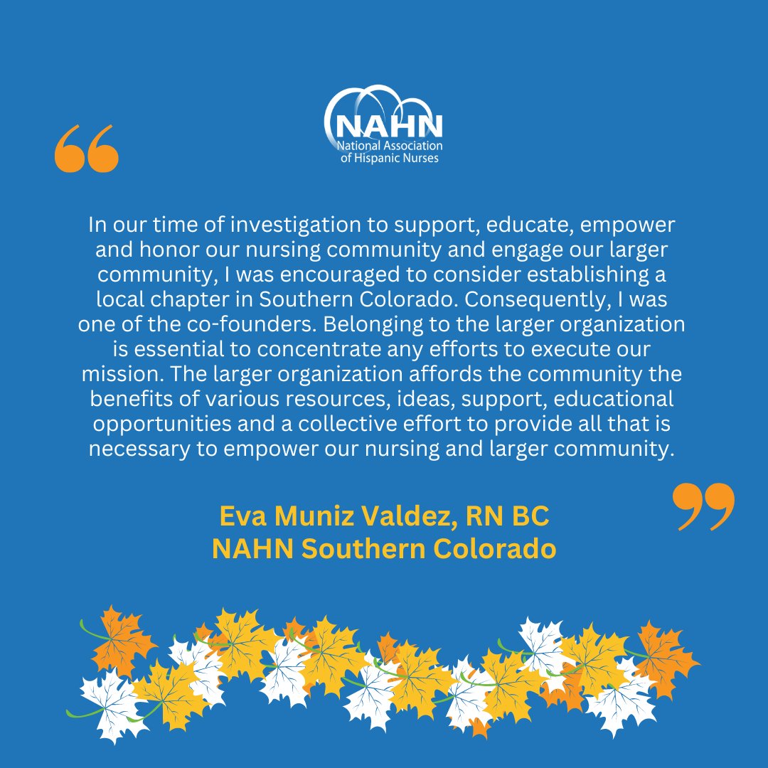 nahnnursing's tweet photo. It's time for another #fallbacktonahn feature! Today we are highlighting Eva Muniz Valdez of the NAHN Southern Colorado Chapter.
Want to join NAHN or renew your membership? Head to https://t.co/j20iIA9c12.
#nahn #nahnnursing #hispanicnurses https://t.co/tIVSnQdEZw