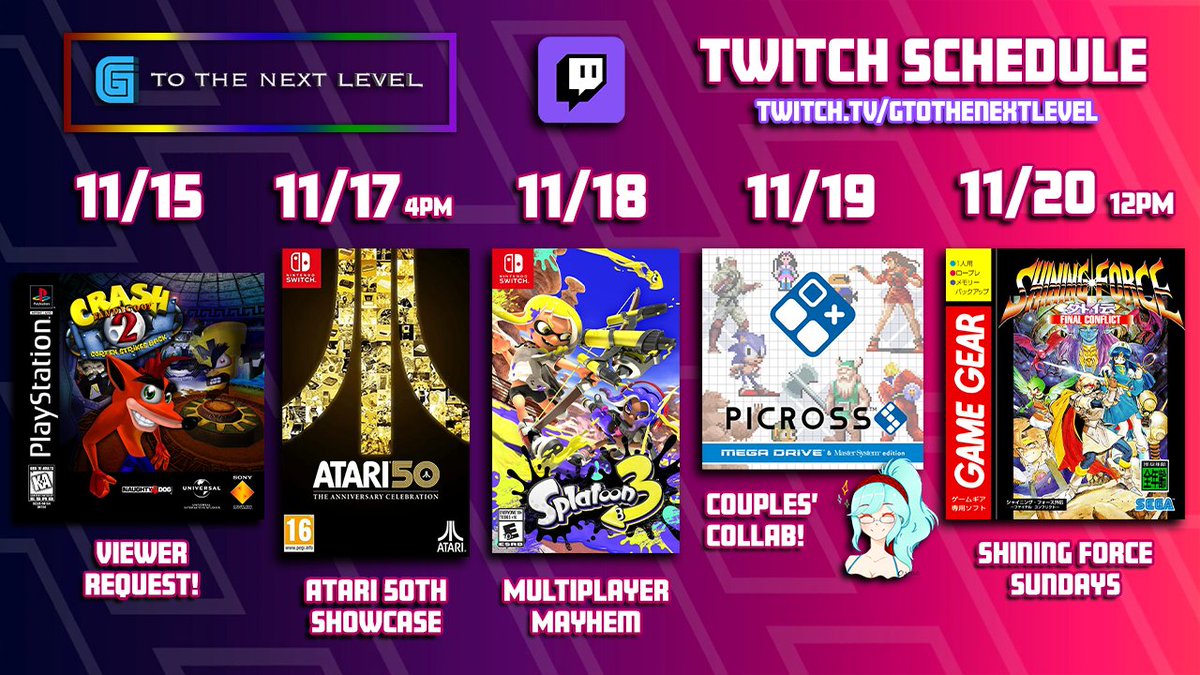 GtoTheNextLevel's tweet photo. NEW Twitch Schedule!! โจhttps://t.co/syO8hu2sZT
A certain bandicoot Crashes his way into Viewer Request night, an #Atari50 celebration, the return of Splatoon 3 Friday, & #CouplesCollab w/ @Rannchan for Sega Picross w/ YOU in chat guessing the Sega icons! Come hang~ #retrogaming https://t.co/q7yO92cmFo