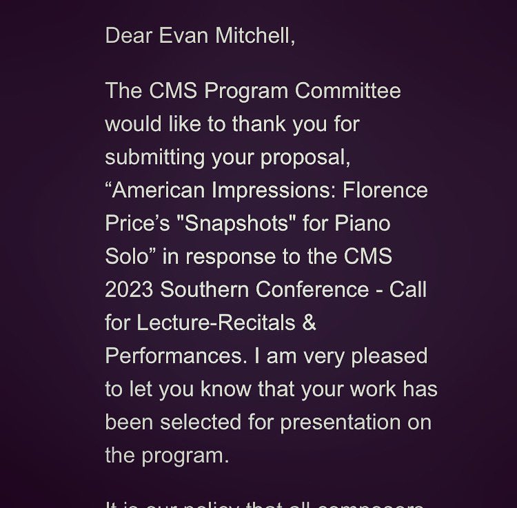 Evan Mitchell (@emitchellpiano) on Twitter photo Iāve enjoyed playing āSnapshotsā on the first couple of this seasonās (many more) solo recitals. Looking forward to presenting it in a lecture-recital at the <a href="/CollegeMusicSoc/">The College Music Society</a> South Regional Conference next February! Iāve enjoyed playing āSnapshotsā on the first couple of this seasonās (many more) solo recitals. Looking forward to presenting it in a lecture-recital at the <a href="/CollegeMusicSoc/">The College Music Society</a> South Regional Conference next February!