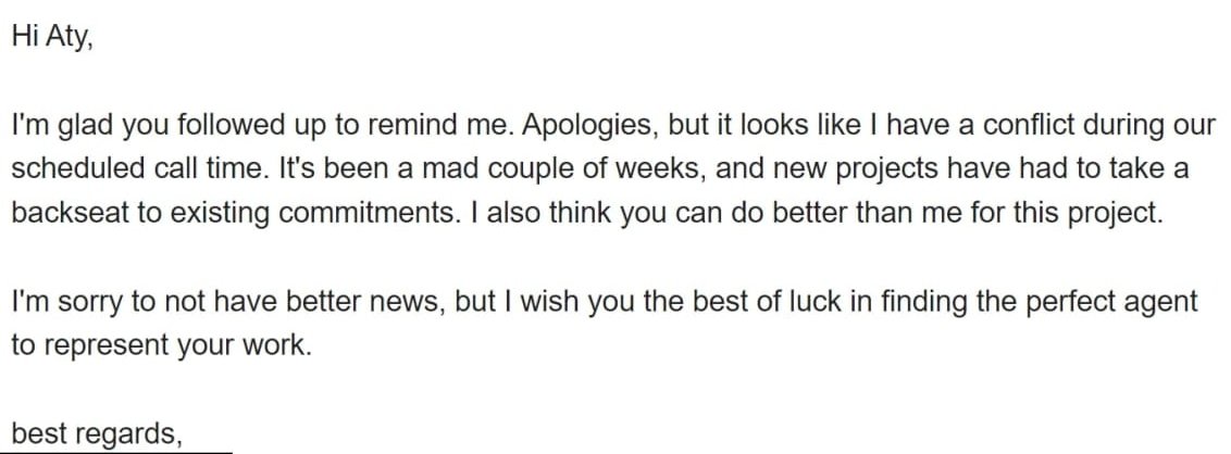 This is an email an agent sent me 2 hours before our scheduled call, upon realizing I'm still living in my country, #Iran.

She's busy all of a sudden, and doesn't bother to reschedule.

This is the 3rd. time.

Guys I'm so tired.

#publishing #writerscommunity #WritingCommmunity