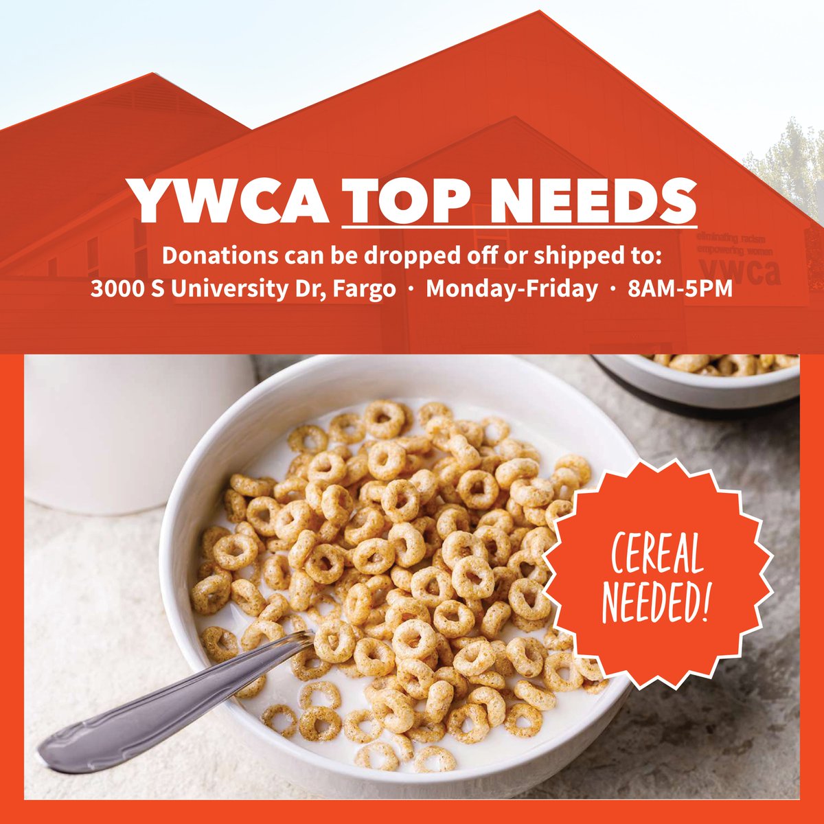 Hunger and Homelessness Awareness Week is an annual opportunity to shine a spotlight on hunger and homelessness and take action. YOU can take action &amp; help feed our community this #TopNeedsTuesday by donating food items (like cereal!) Full list at ywcacassclay.org/urgent-needs #hhweek
