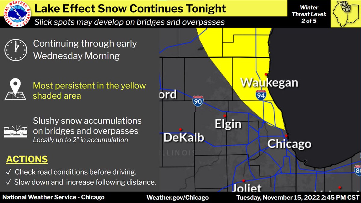 Lake effect snow will continue across far northeastern Illinois this evening and overnight (yellow shaded area).  Watch for slushy accumulations of snow on ice and bridges overnight as temperatures drops below freezing.
#ILwx #INwx