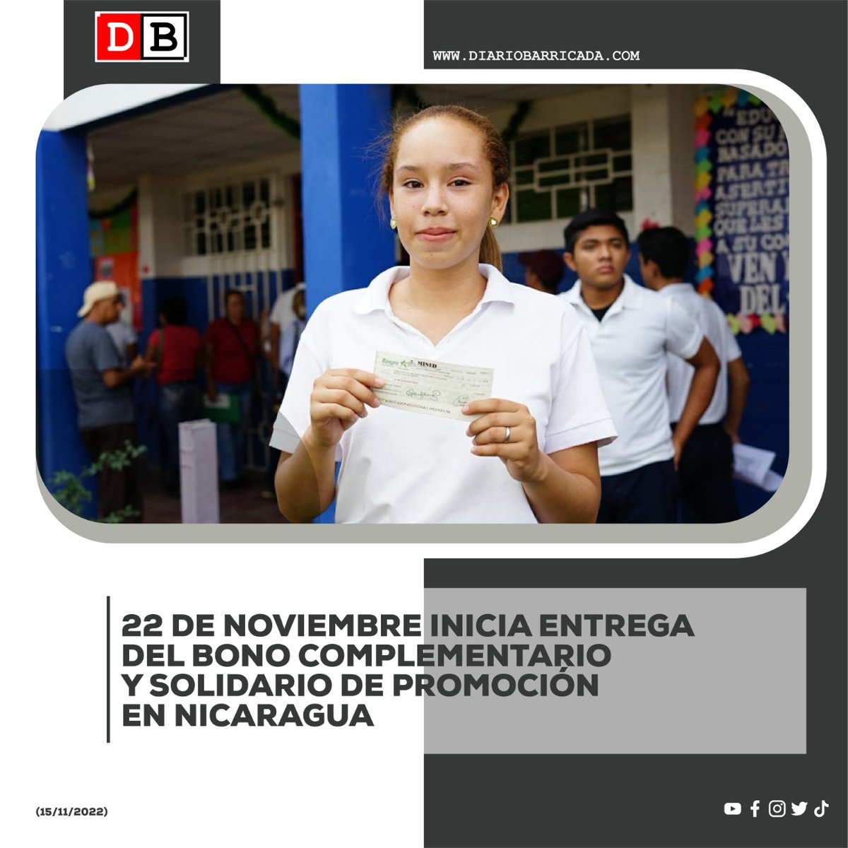 Cra. Rosario Murillo informo que a partir del 22 de noviembre🗓 se estará entregando el Bono Solidario a estudiantes que egresan de 5to años de secundaria👩‍🎓🧑‍🎓. 

#Nicaragua #SomosRed