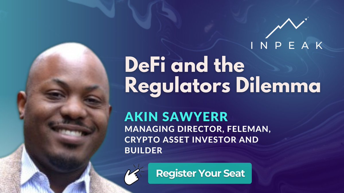 De-Fi is set to revolutionise our traditional financial system, but how will these be regulated? In this session hosted by <a href="/AkinSawyerr/">Akin SAWYΞRR</a>, learn more about the regulation dilemmas in this space, why regulators are in a tough position and much more!🤝📃⚖️💰inpeak.xyz/event/defi-and…