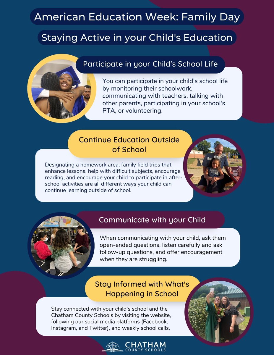 ChathamCoSch's tweet photo. Today is Family Day in American Education Week. Here are some ways you can stay active in your child's education. ✏️ #aew22 #OneChatham https://t.co/fDTxJ17V3X