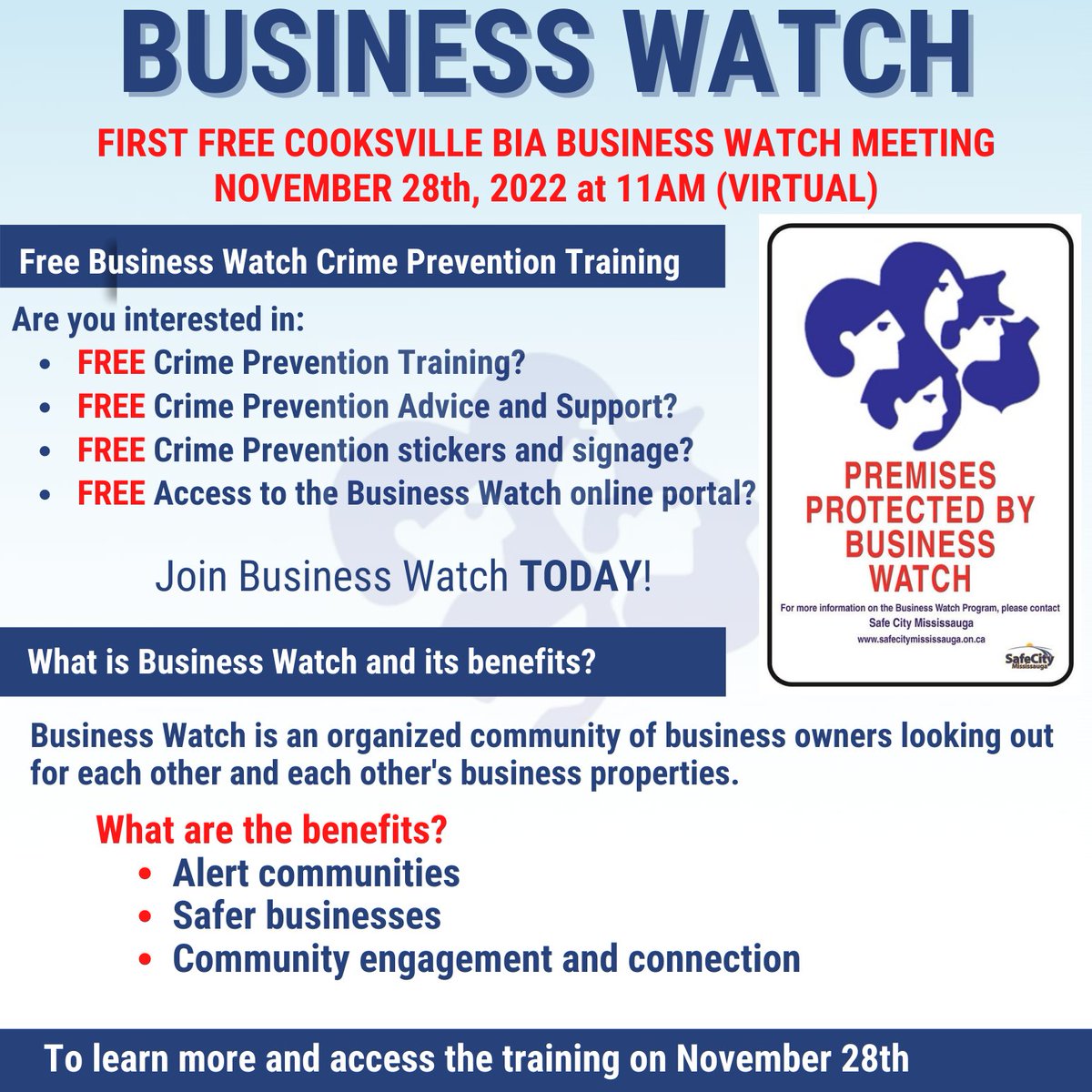 Business Watch is coming to Cooksville BIA! Join this FREE program for FREE crime prevention training and support to help keep your community safe! Register here to join TODAY! safecitymississauga.online/.../busin.../c…