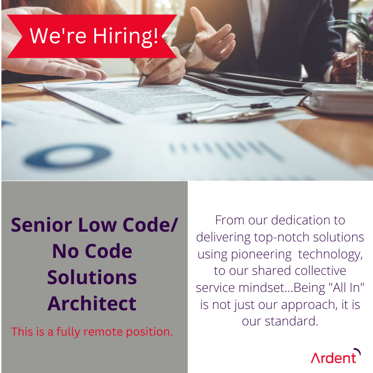 Great opportunity! We are hiring for a Senior Low code/No Code Solutions Architect for a new contract at DHS. Join us at "All In" Ardent! boards.greenhouse.io/ardentmc/jobs/… 
#systemsanalyst #hiring #techjobs #AllIn