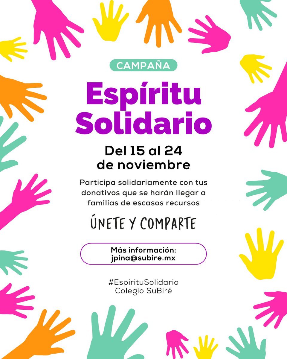 ¡Ya inició nuestra campaña de Espíritu Solidario! ✨

Trae tus donativos a nuestras instalaciones para que podamos llevarlo a las personas de escasos recursos

¡Todos podemos apoyar! 🙌🏼

#ColegioSuBiré #FormamosEmprendedores #EspírituSolidario #Solidaridad #Donativos