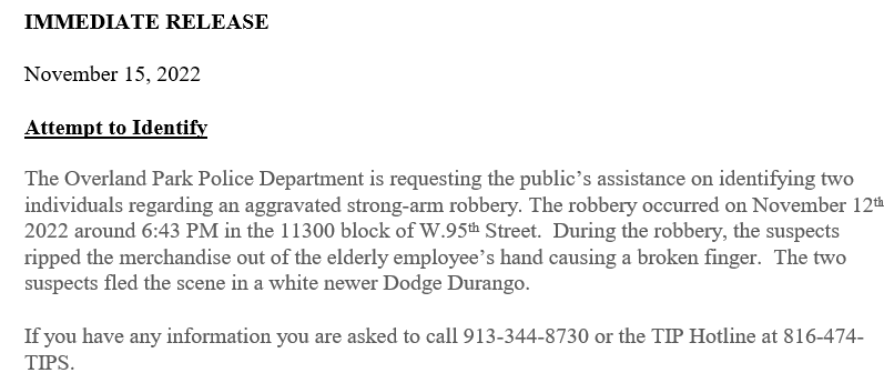 OverlandPark_PD's tweet image. Press Release: