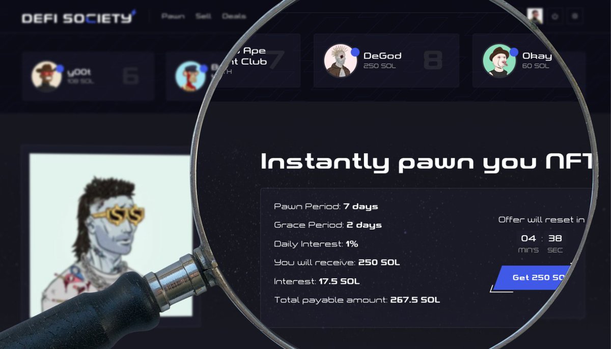 We are excited to present you an official sneak peek for the pawn shop DApp!

You have a NFT and you don't want to sell, but you need some extra SOL for the weekend, our DApp is here to help you!

1⃣ Get your role over on Discord
2⃣ Submit your wallet: 👇
mercury.blocksmithlabs.io