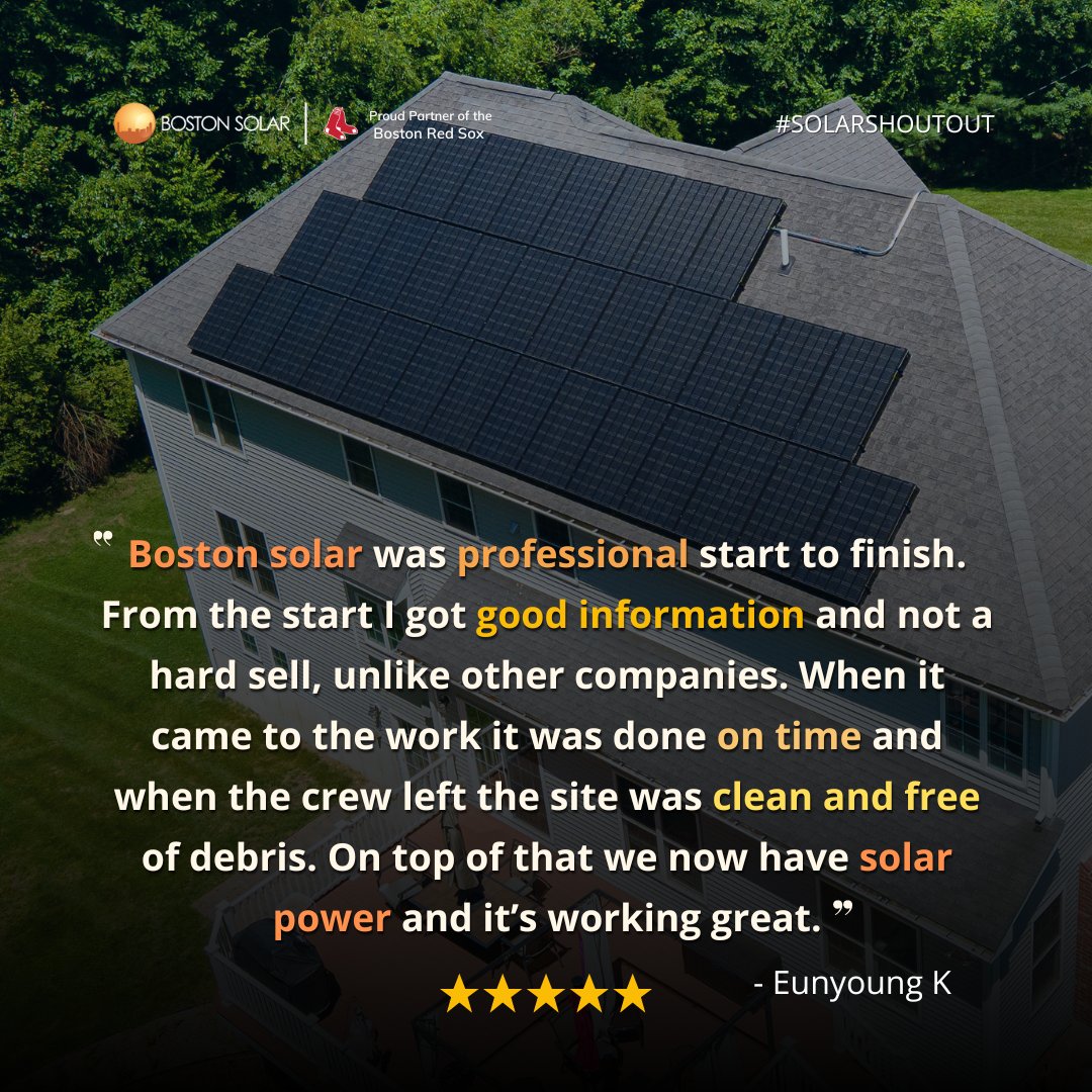BostonSolarCo's tweet photo. Thank you, Eunyoung K for the 5-star review! We are happy to hear you were pleased with our process and hope that #solarpower saves you money for years to come. ⭐
.
#solarreview #solarcompany #bostonsolar #solarreviews #solar https://t.co/mgYTI7ZcDo