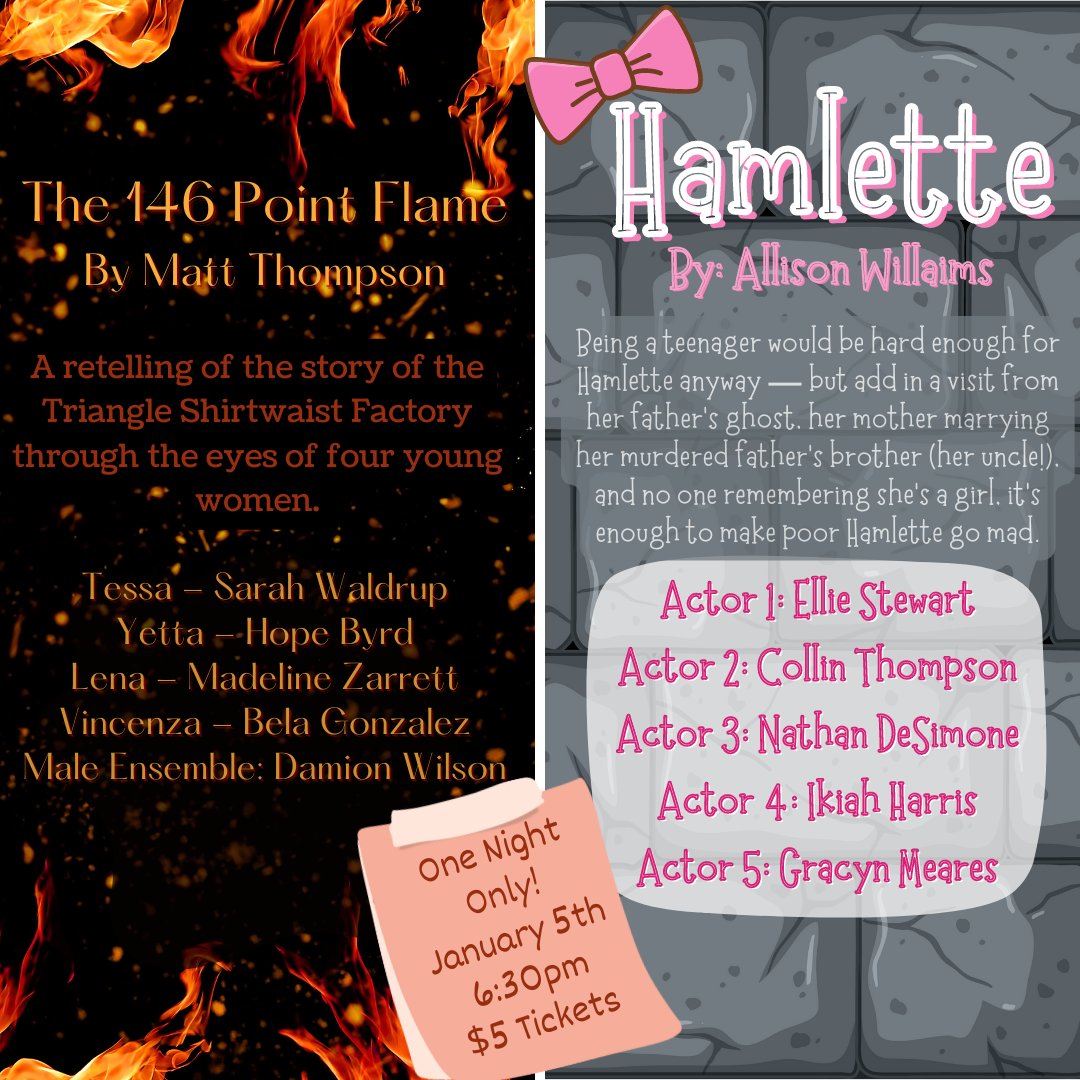 Honors Theatre 3 and 4 will present a night of one-act plays + their competition pieces for the <a href="/NCThespians/">NC Thespians</a> Regional Competition!