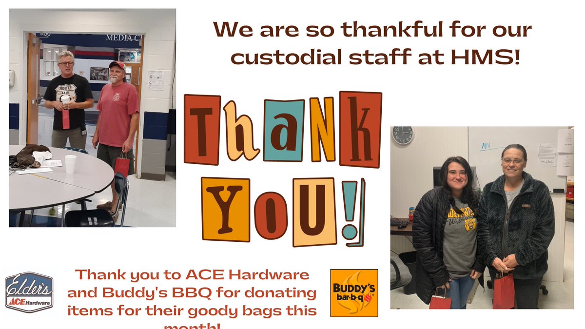 GoGenerals2005's tweet image. We appreciate our business partners and their generosity! Thank you Buddy’s BBQ and ACE Hardware for treating our custodial staff this month.