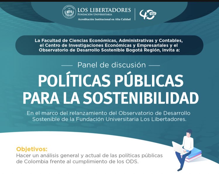 jennydanna1's tweet photo. Cordialmente invitados al panel de discusión sobre políticas públicas para la sostenibilidad.
👉🏻Organiza: Grupo de Investigación Reflexión Económica, Administrativa y Contable (#FULLREAC) - @MelvaGomez18 @amercadosuarez #FULLInvestigaciones @UniLibertadores https://t.co/xBQEVQZ5lj