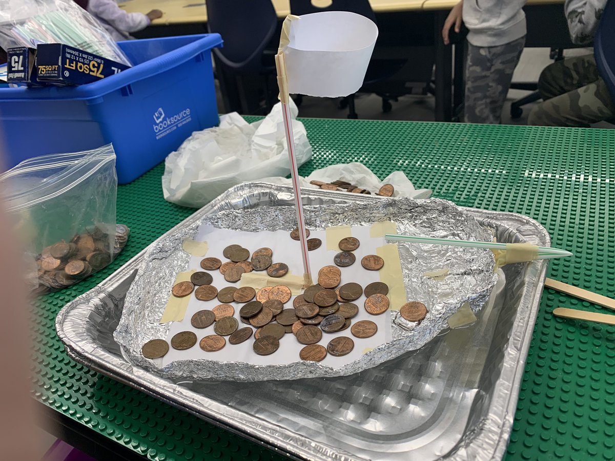 My inventors were challenged with creating a ship that could float with pennies added to it to represent people. <a href="/MonroeOwls/">James Monroe Elementary School</a> #buildingships #soinventive #teamwork #sofun