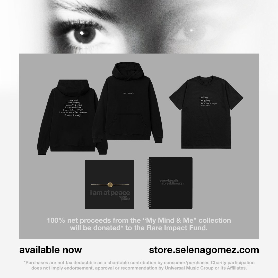 Shop the new #MyMindAndMe collection in my store now. 100% of net proceeds will be donated to the Rare Impact Fund to give people the access they need to support their mental health. smarturl.it/selenastore