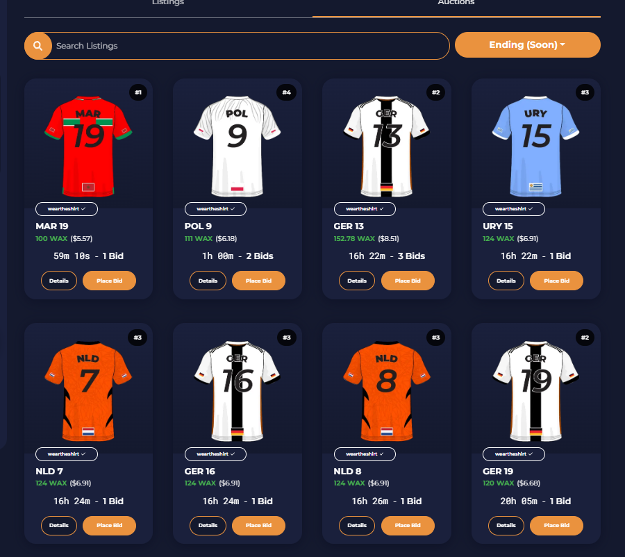 NFTSoccer1's tweet photo. Just a selection of auctions ending in a few hours, still a day to get your #WorldCup2022 #WorldCupFantasy team shirts collected and entered into a free tournement. https://t.co/M0O79nYn7R