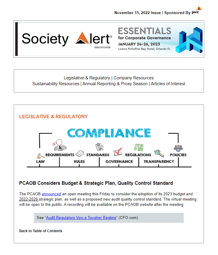 Latest Alert sponsored by @PwC with Article/Bylaw Amendments | 10b5-1 Plans | #ShareholderEngagement Practices | #ESG Ratings | #Climate Disclosure | Risk Factors | Universal #Proxy is available to Society members at lnkd.in/edmFguqR. #corpgov #governance