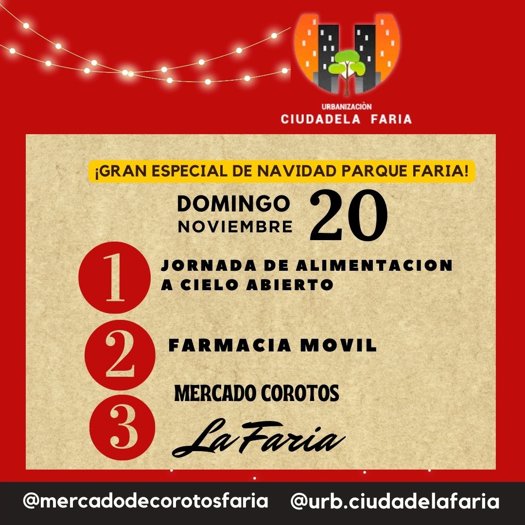 ciudadelafaria's tweet photo. Gran mega Jornada en el PARQUE FARIA, para este domingo 20 de noviembre.

Preparate que tendremos 3 actividades el mismo dia .

✅JORNADA DE Alimentacion
a cielo abierto
✅fARMACIA MOVIL
✅Mercado de Corotos https://t.co/yfUTpUxKJc