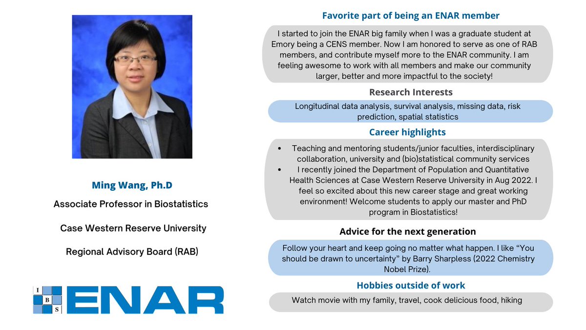 This week's #ENAR_ibs spotlight is on Dr. Ming Wang <a href="/mwang_cwru/">Ming Wang_CWRU</a>, Associate Professor in Biostatistics at Case Western Reserve University and <a href="/ENAR_ibs/">ENAR</a>
Regional Advisory Board (RAB) Member! Check out what she likes about being involved in ENAR and more below!