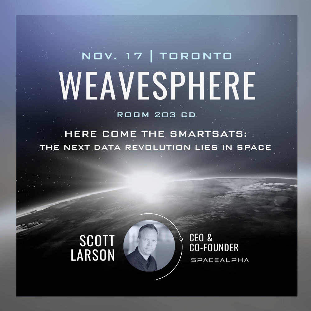 SpaceAlphaCo's tweet photo. Attending #WeaveSphere? SAI's Scott Larson will be discussing smartsats, XL Earth data, and what they mean for critical global challenges 🌍🌱 https://t.co/K4lFCeA2l5

#weavesphere #spacetech #earthobservation #spacealpha #weavesphere2022 https://t.co/YtIH0ibJ8N
