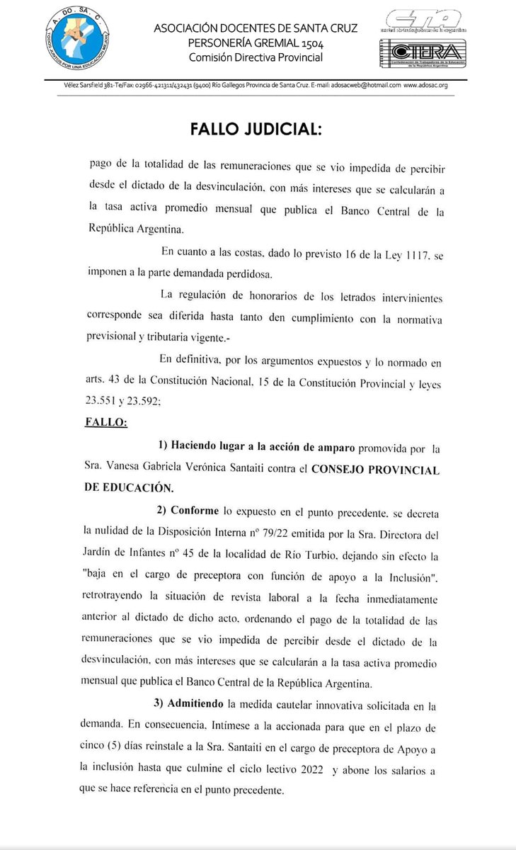 adosacP's tweet photo. Compartimos comunicado vinculado al Fallo Jucial de restitución a su cargo de la compañera despedida por luchar. https://t.co/tcHo4zrOnY